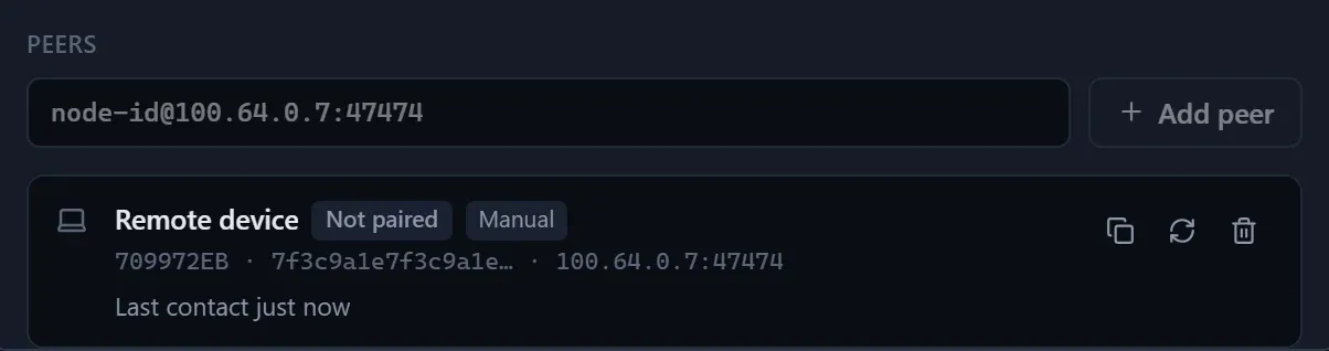 The Peers list with a device added by address, marked Manual and Not paired.