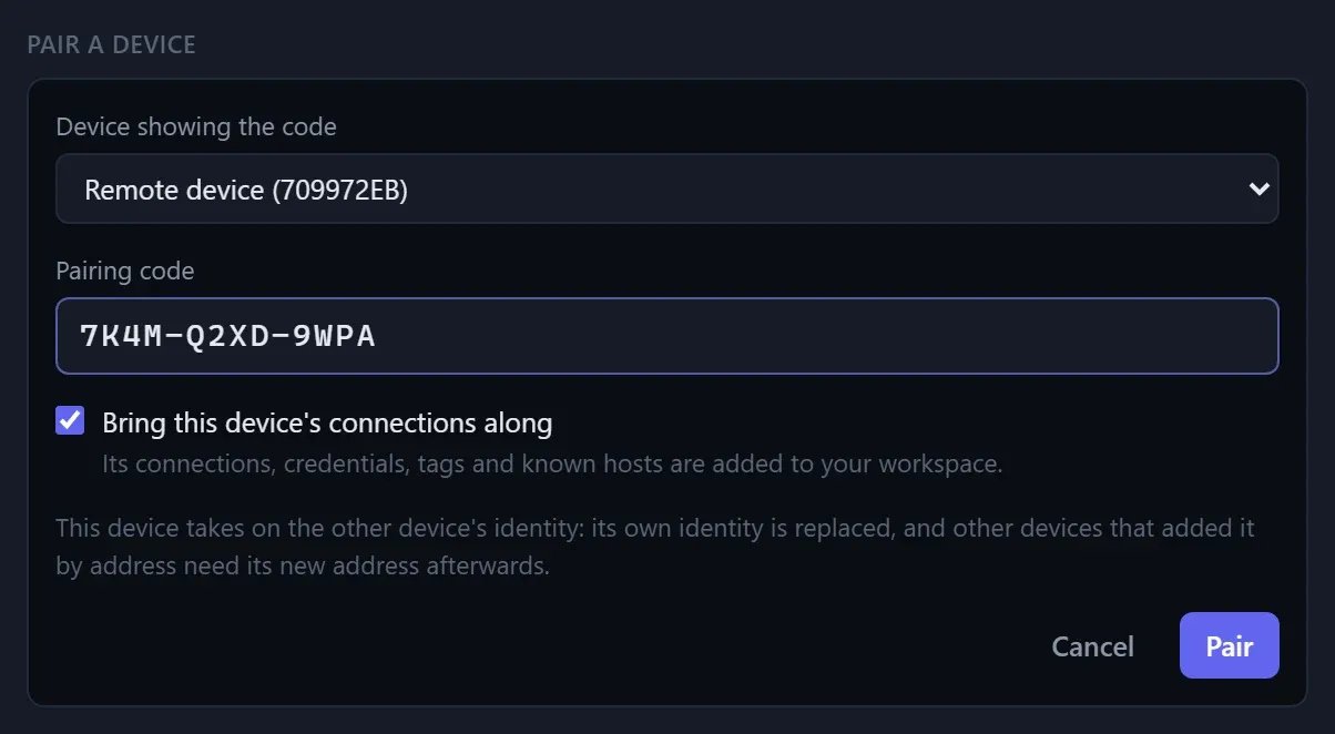 The form for entering a pairing code: the device showing it, the code, and the option to bring this device's connections along.