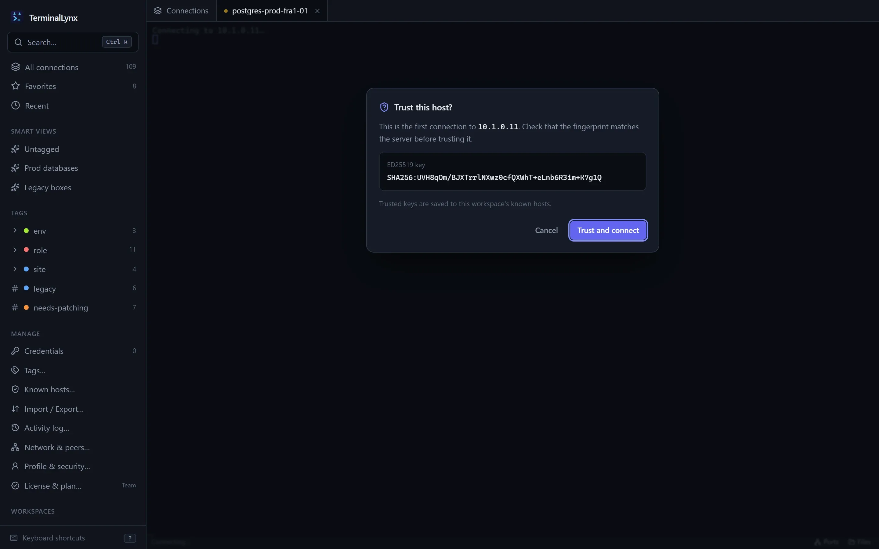 The prompt to check and trust a server's host key on first connection.