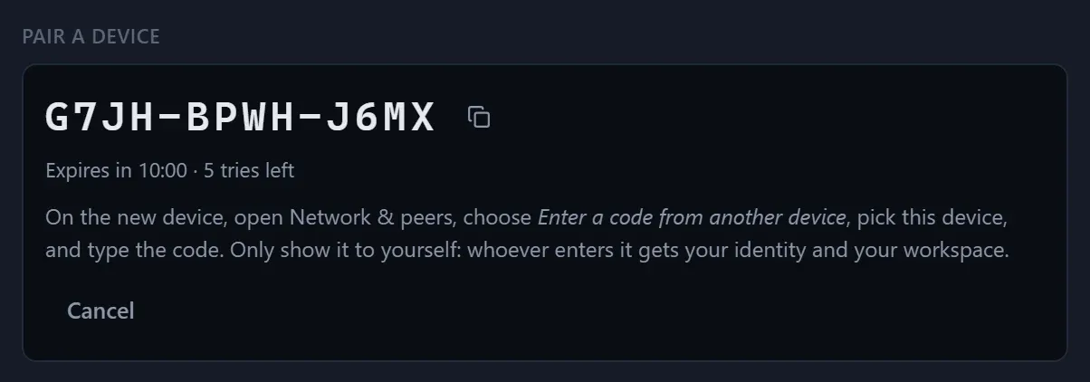 A pairing code, VK6V-3AAZ-KS7P, which expires in 10 minutes.