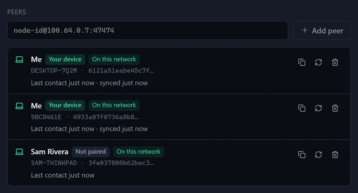 The Peers list: two of your devices, synced just now, and someone else's device that isn't paired.