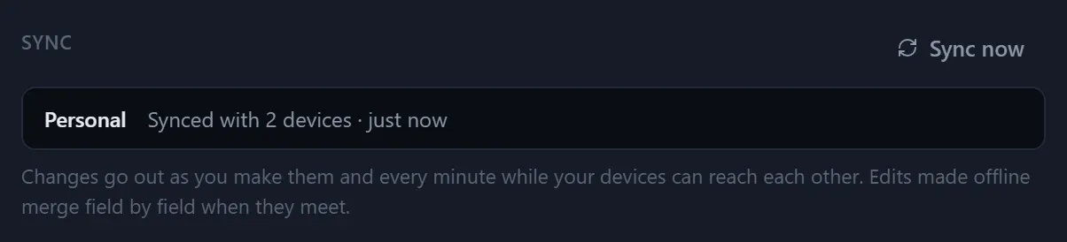 Sync status: Personal, synced with 2 devices just now.